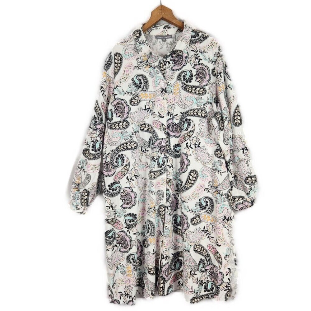 Jessica London Long Button Up Linen Tunic Shirt Women's 22W Long Sleeve White